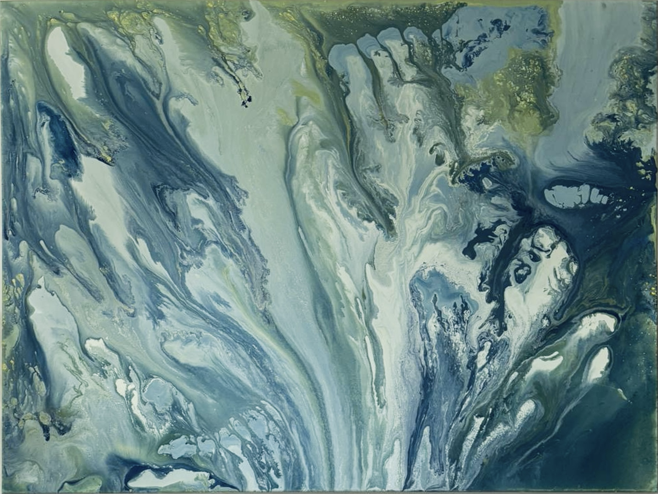 Abstract fluid painting in blue, sage green and white with touches of gold